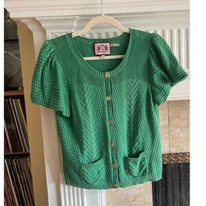 Juicy Couture Green Knit Puff Sleeve Cardigan L Button